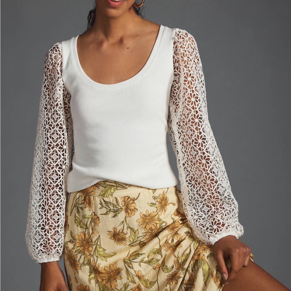 Maeve Anthropologie Lace Balloon Sleeve Top White Womens XS (Fits Small) Boho